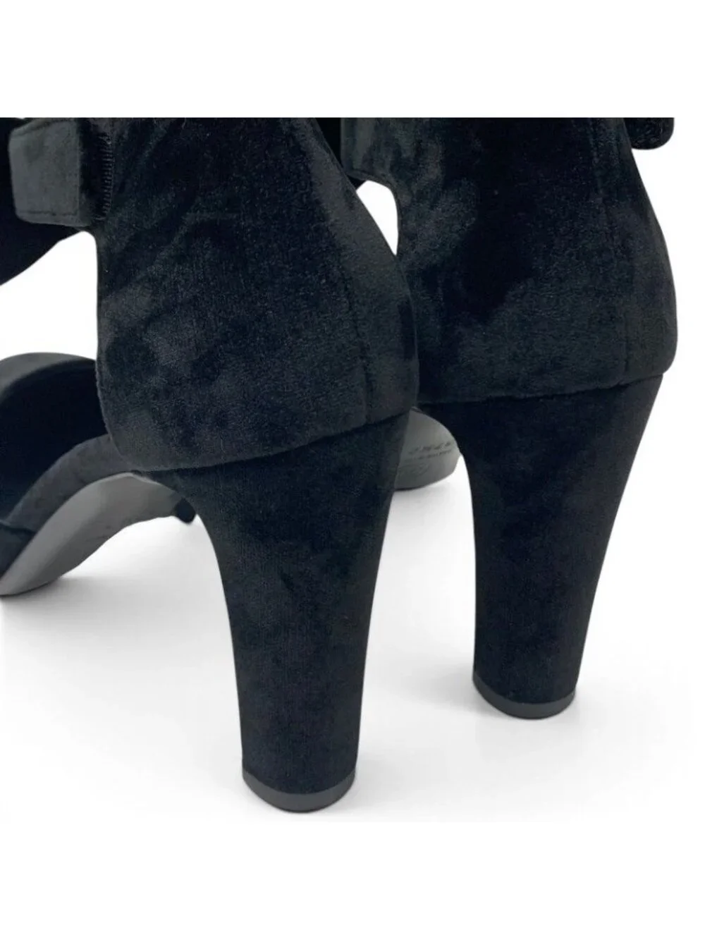 Chanel Pumps Shoes Velour Black Gold CC Logo Ribbon Pearl Velcro Strap